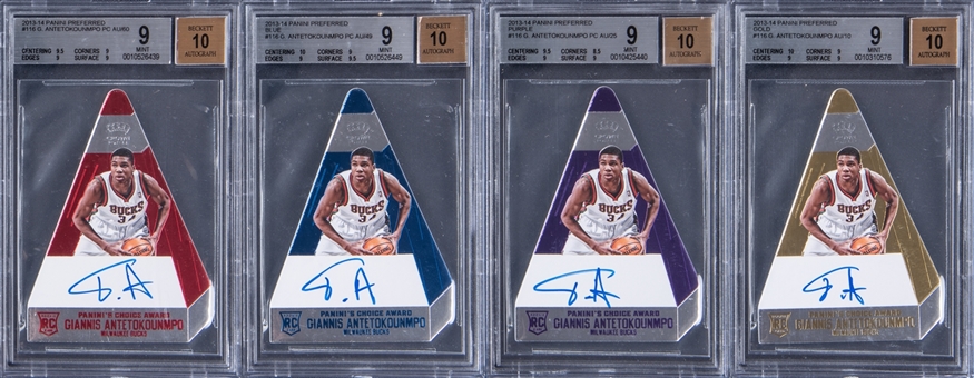 2013-14 Panini Preferred #166 Giannis Antetokounmpo Choice Award Rookie Autograph Lot: Gold (#5/10), Purple (#11/25), Blue (#11/49), Red (#60/60) - BGS MINT 9/BGS 10